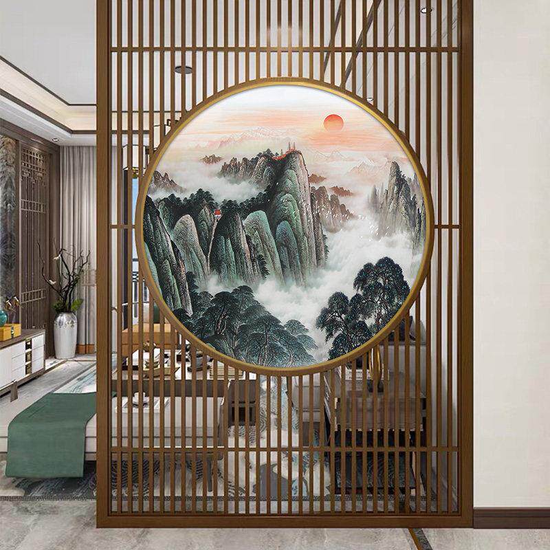 新中式屏风隔断装饰画双面画入户进门玄关圆形画山水靠山风景挂画