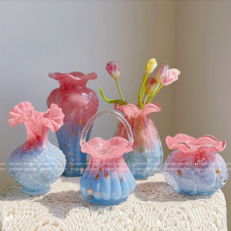 中古芬顿花边粉蓝色渐变洒金手工琉璃花瓶水养插花器家居软装摆件