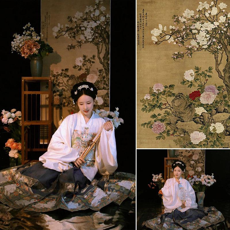 玉堂富贵图工笔画中式婚纱照背景布影楼复古旗袍情侣背景纸古装摄