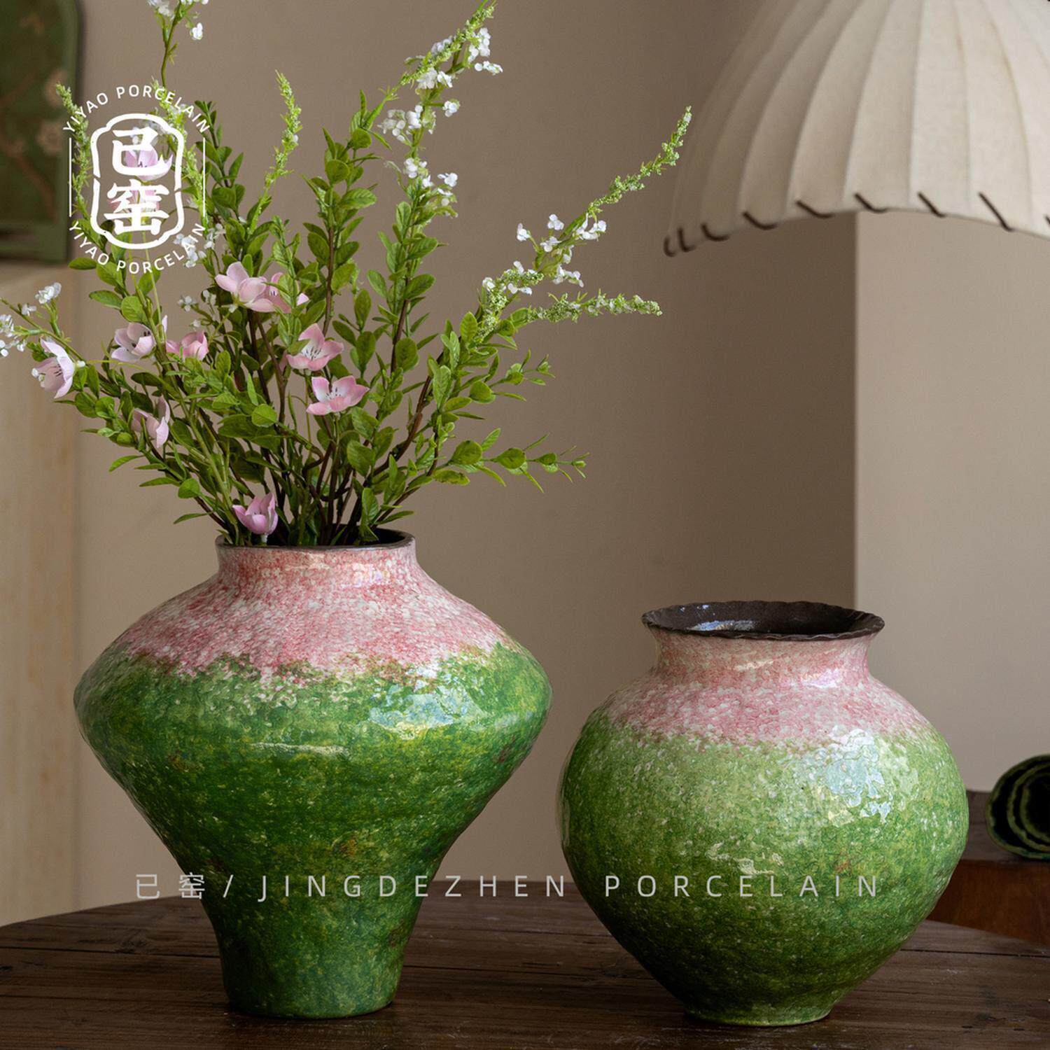 景德镇陶瓷花瓶手工窑变花瓶家居装饰宽口花园坛子彩釉客厅摆件