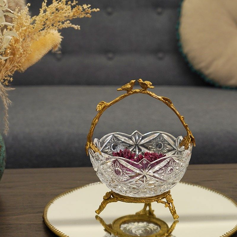 费灵家居水晶玻璃黄铜小鸟提篮果盘果篓手工黄铜工艺品家用糖果盘,家居饰品,果盘/果篓,淘宝优惠券,粉丝福利购,淘宝优惠卷