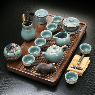 功夫茶具套装整套家用陶瓷茶壶盖碗茶杯套餐小型实木茶盘排水茶台