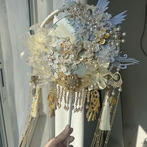 中式蓝色高端汉服新娘结婚团扇古风出嫁喜扇成品材料包秀禾婚扇子