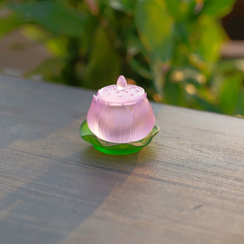 古法琉璃莲花净水杯供水杯粉色水杯荷叶水杯家居客厅佛前摆件
