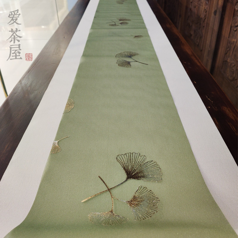 爱茶屋茶具防水席珍珠纱橄榄绿银杏叶烫金茶帘搭配桌旗多款茶道