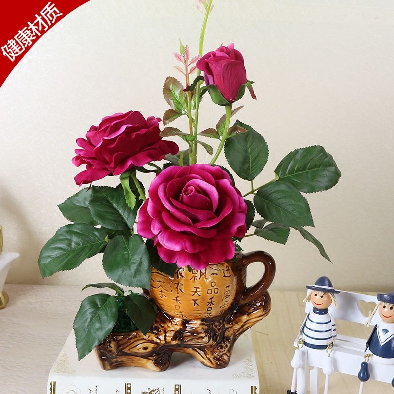 仿真花束玫瑰绢花套装摆件客厅室内摆件餐桌塑料陶瓷花盆加玫瑰