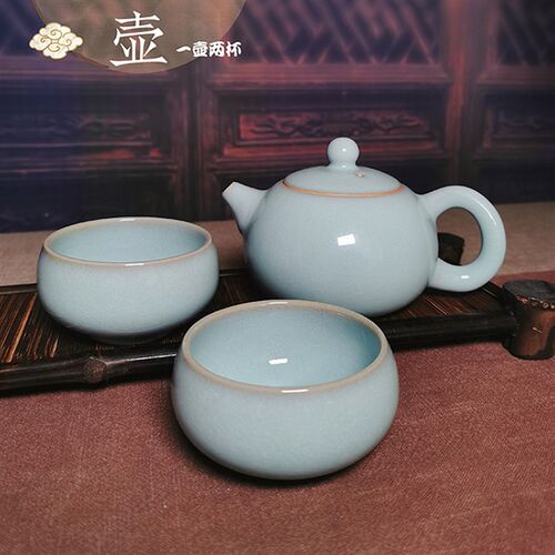 谦泰汝窑茶具套装家用办公室一壶两杯旅行茶具中式功夫茶具泡茶壶