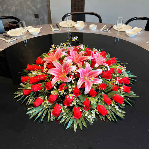 大圆桌转盘仿真花餐桌摆花高档酒店餐厅客厅假花摆设装饰花艺摆件