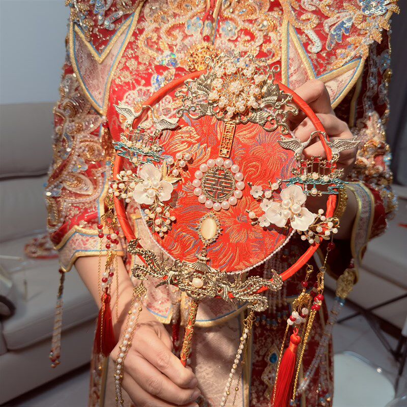 新娘团扇婚礼扇子出嫁秀禾结婚高级感喜扇红色双面diy材料包中式