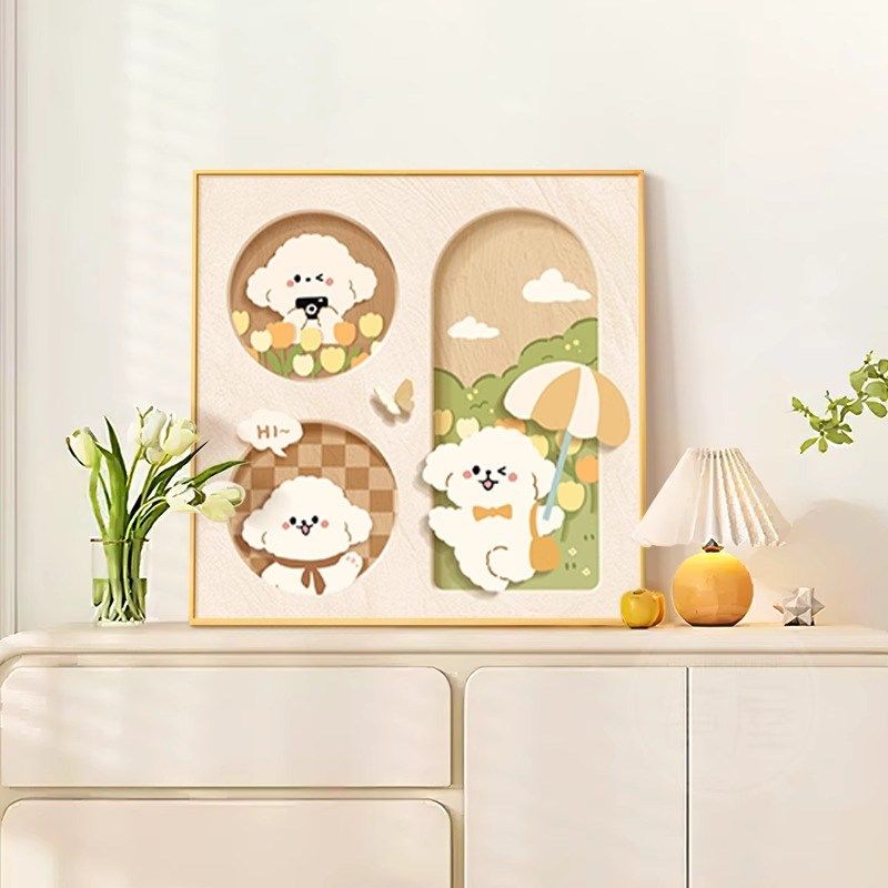 多巴胺小狗卧室床头桌面摆件装饰画奶油风客厅电视柜挂画餐厅壁画