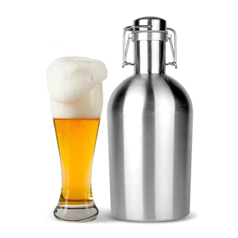304不锈钢酒壶不锈钢啤酒瓶便携式酒壶,2L 不锈钢摇摆盖啤酒桶