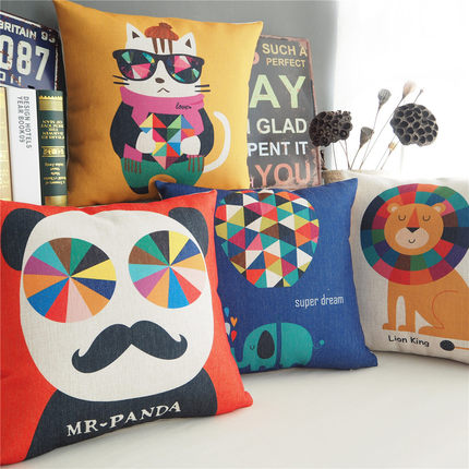 卡通动物乐园 熊猫君狮子猫咪大象 棉麻沙发抱枕套靠枕办公室靠垫