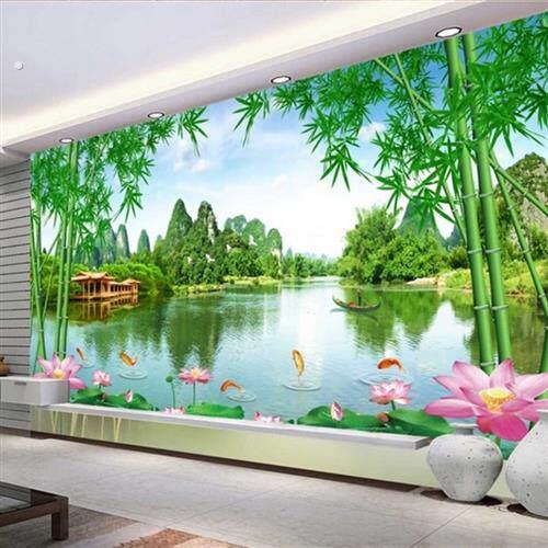 山水风景画中式自粘墙贴大型壁画客厅电视背景墙画墙壁纸山清水秀