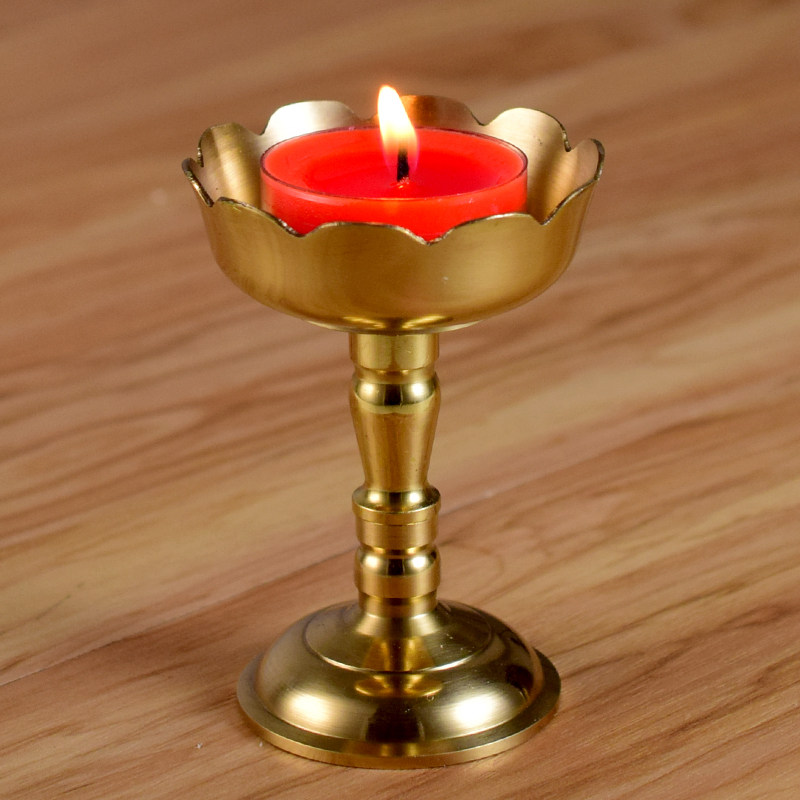 纯黄铜小烛台供奉佛前家用高脚酥油灯座蜡烛底座佛堂用品复古怀旧