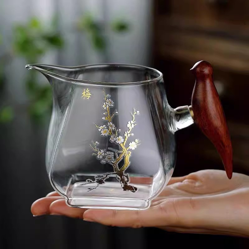 四方喜鹊侧把透明公道杯玻璃加厚耐热分茶器茶海公杯功道茶具配件