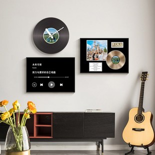 周杰伦装饰画黑胶唱片沙发背景墙组合壁画艺术复古餐厅带钟表挂画