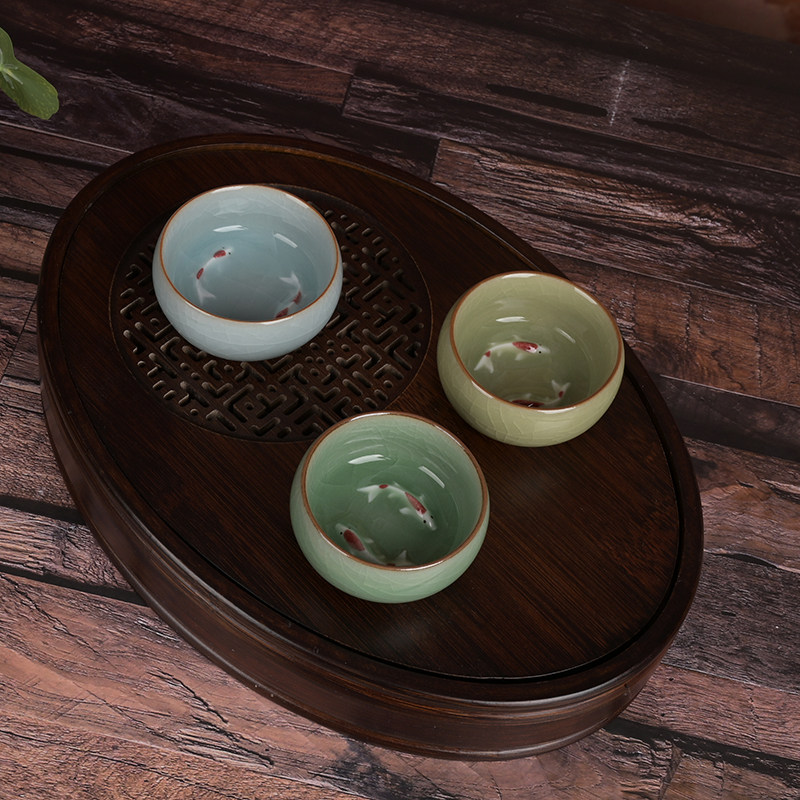龙泉精品青瓷彩鱼茶杯 功夫茶具茶杯 手工杯创意双鱼品茗杯主人杯