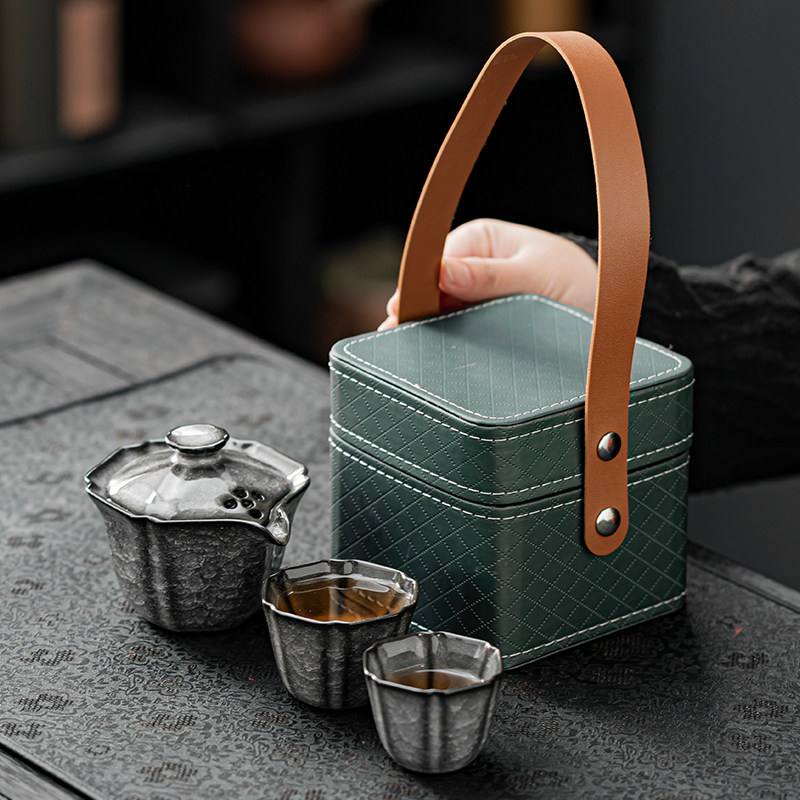 冰花旅行茶具套装一壶二杯便携式包防烫功夫茶高档陶瓷单人快客杯