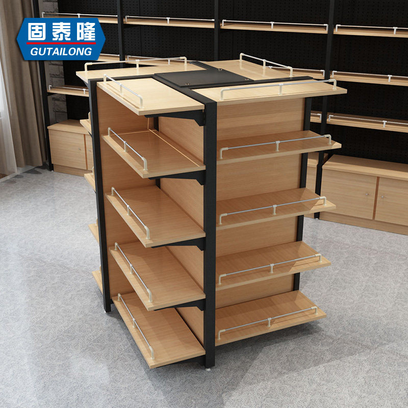 钢木四向架四面十字展示架超市便利店零食展示货架中岛母婴陈列架