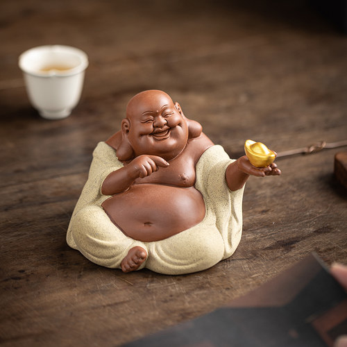 紫砂招财弥勒佛茶宠精品手工大肚佛茶玩茶道茶桌茶台禅意人物摆件