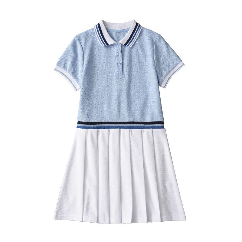 女童连衣裙夏季短袖裙子Polo高级短裙小学休闲校服蓝色收腰百褶裙