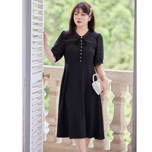 2023夏装新款大码女装法式气质收腰显瘦胖MM连衣裙黑色雪纺茶歇裙