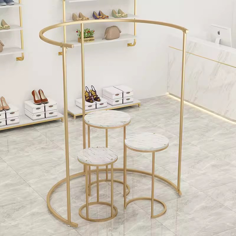 服装店展示架半圆中岛挂衣架落地式女装店陈列架店铺柱子货架铁艺