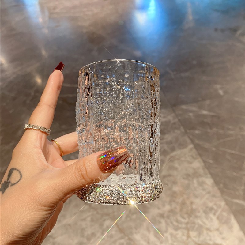 韩式in金边树皮纹玻璃杯高颜值镶钻水杯浮雕简约创意啤酒杯咖啡杯