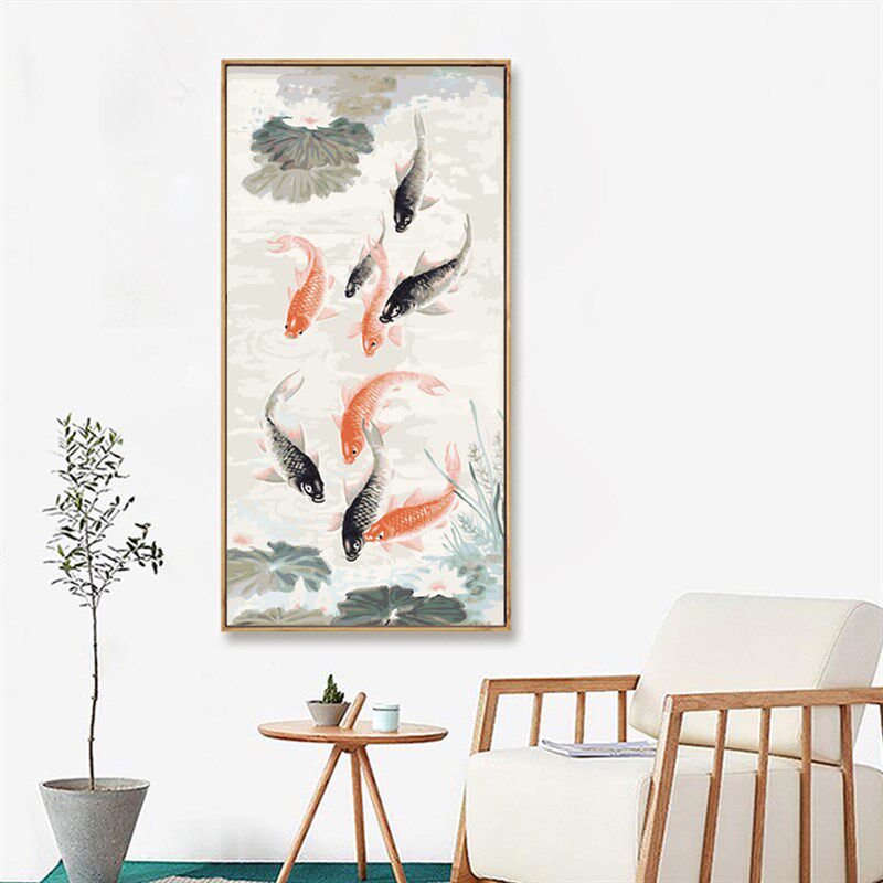 竖版大幅年年有余diy填色数字油画客厅玄关新中式装饰画九鱼聚财