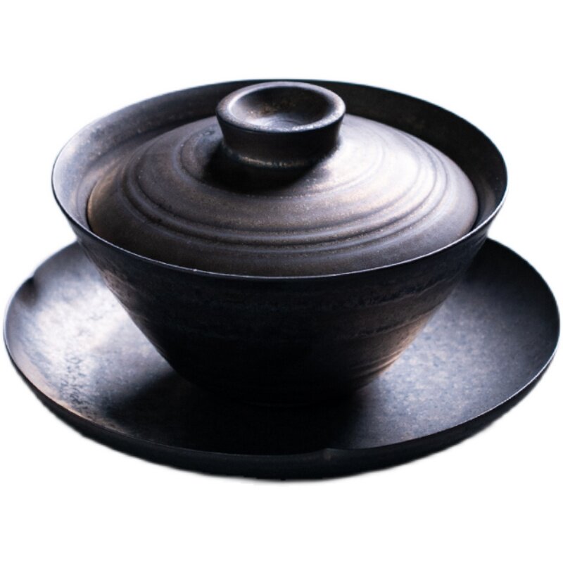 铁锈釉盖碗古铜色茶碗鎏金复古泡茶碗中式功夫茶具家用茶杯单个