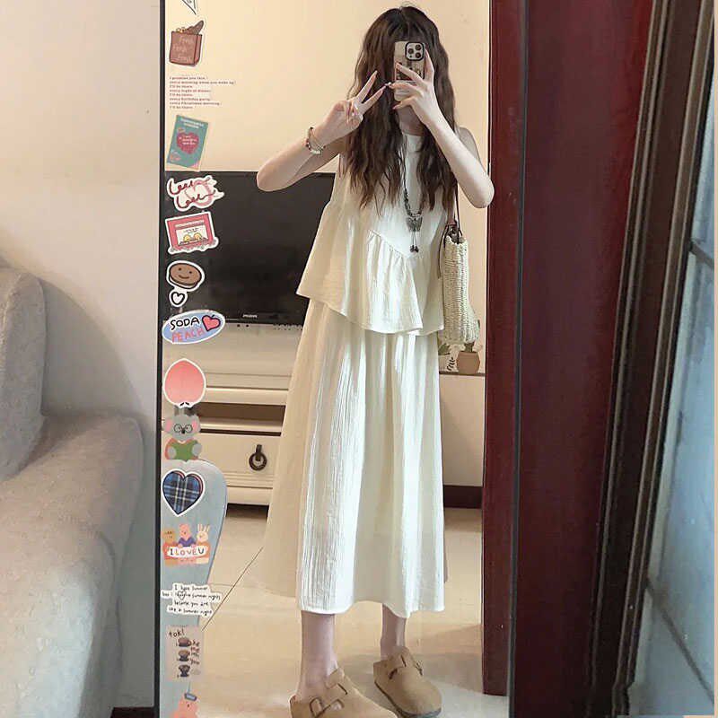 高级感两件套无袖背心上衣中长半身裙套装女夏季新款法式简约气质