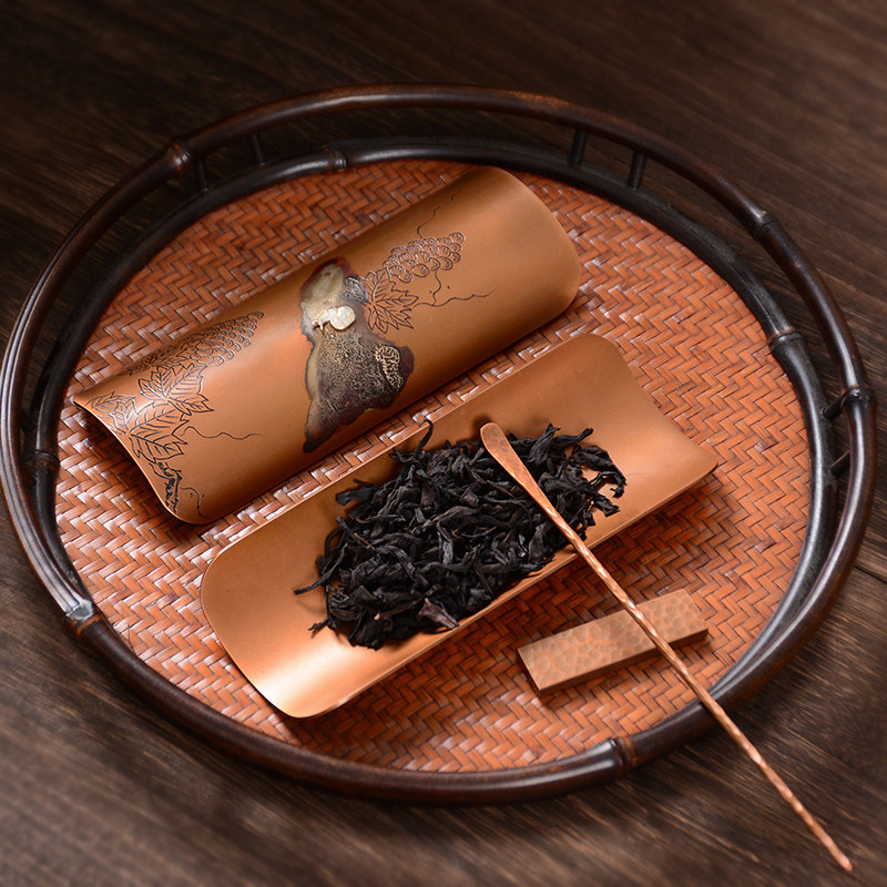 手工錾刻纯铜日式茶则三件套赏茶荷茶拨茶具茶道零配件茶勺茶铲