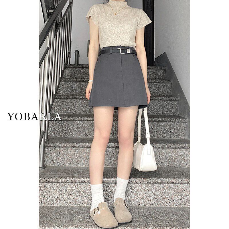 灰色西装半身裙女夏季高腰大码显瘦胖mm遮肚子梨形身材a字短裙子