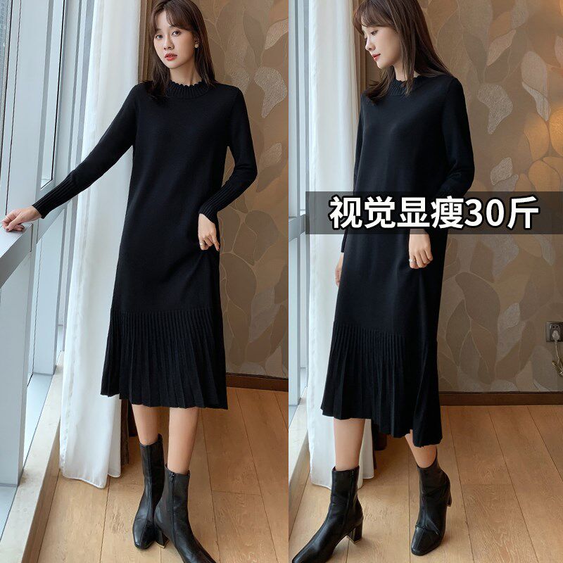 大码长袖针织连衣裙女秋冬胖mm200斤裙子孕妇长款过膝毛衣裙长裙