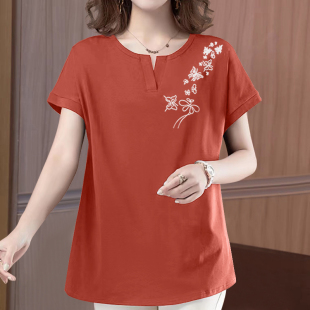 宽松中年全棉T恤显瘦上衣夏装 2023年夏季 短袖 纯棉t恤女洋气妈妈装
