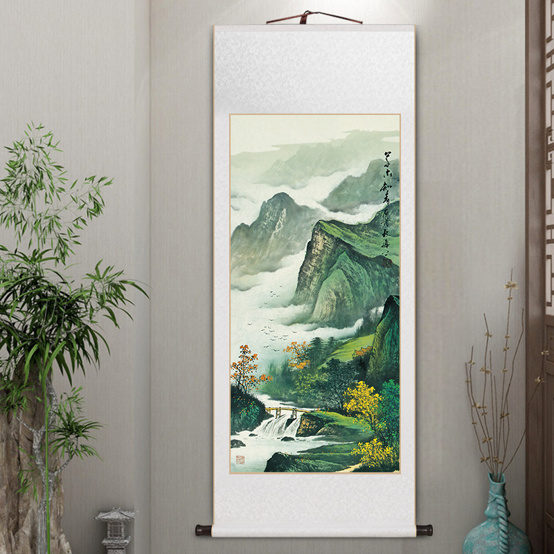 石舟国画山水玄关装饰画中式客厅挂画卷轴装裱字画办公室茶室壁画