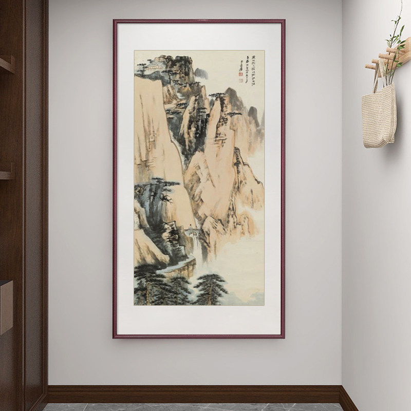 山水画新中式玄关过道装饰画入户门壁画竖版挂画走廊尽头水墨国画