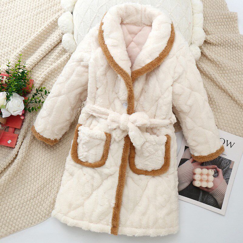 儿童睡袍冬季男童女孩珊瑚绒三层夹棉浴袍加厚款中大童家居袍睡衣