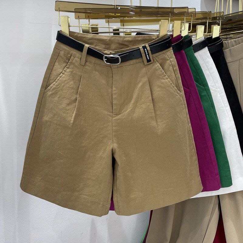 卡其色工装高腰休闲短裤女夏季2024纯棉薄款阔腿裤五分裤a字中裤
