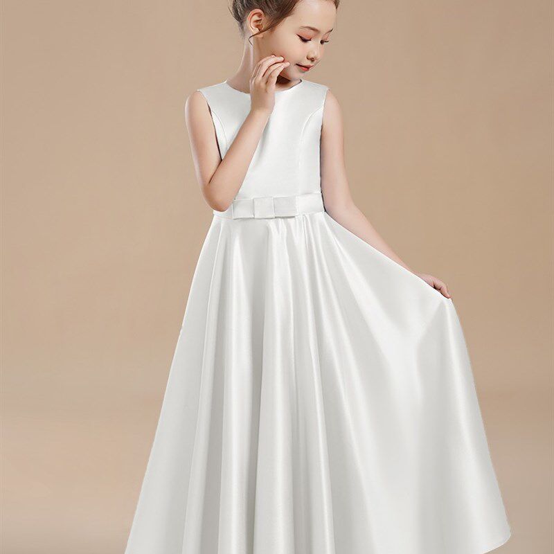 女童白色钢琴演出服学生管弦乐团演奏礼服高端缎面长裙儿童晚礼服