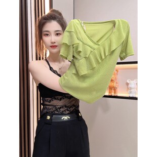 夏天新款性感钉珠V领短袖t恤女遮肚子显瘦气质百搭修身荷叶边上衣