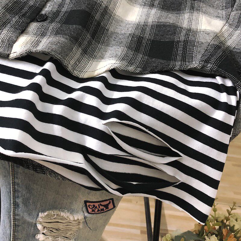 大码破洞条纹吊带背心女内搭叠穿漏边上衣秋季配卫衣外套打底衫潮