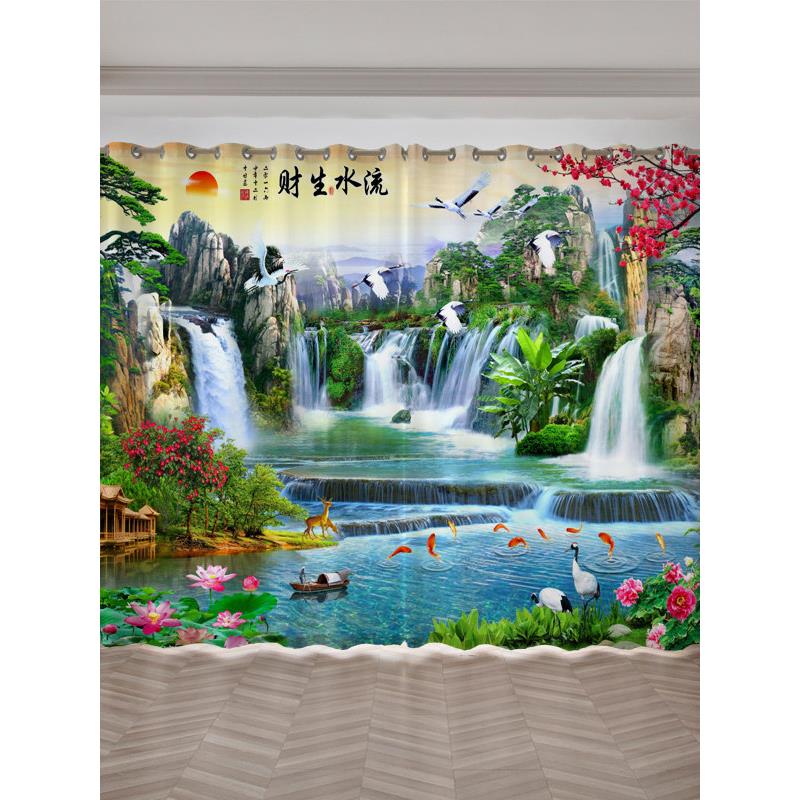 新中式山水风景画定制客厅会议工作室书房茶室玄关风水背景窗帘布