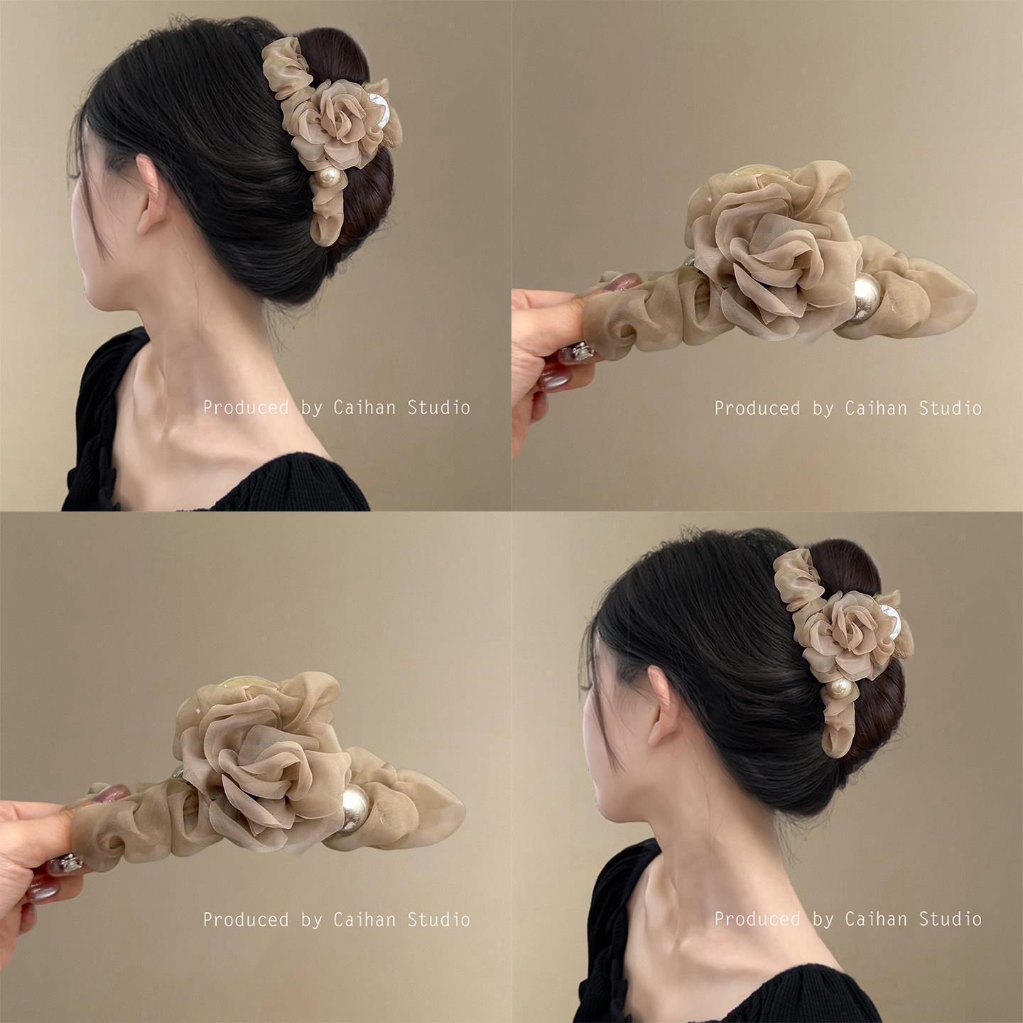 乌木山茶~韩系网纱花朵抓夹女高级感慵懒气质仿珍珠鲨鱼夹盘发器