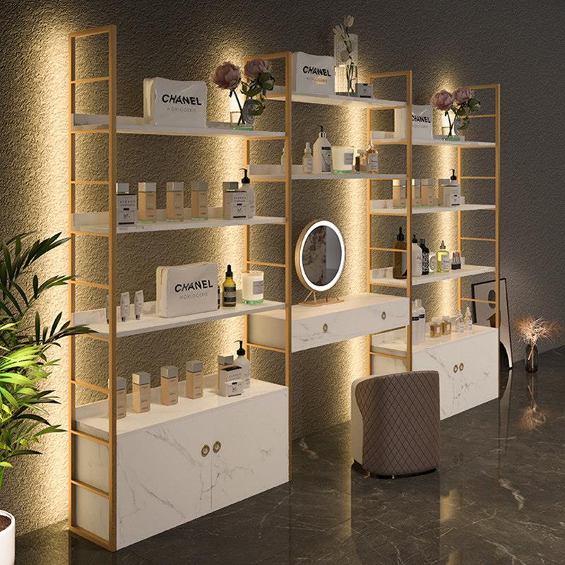 美容院护肤品置物架货架化妆品展示柜产品陈列柜展示架带灯带镜子