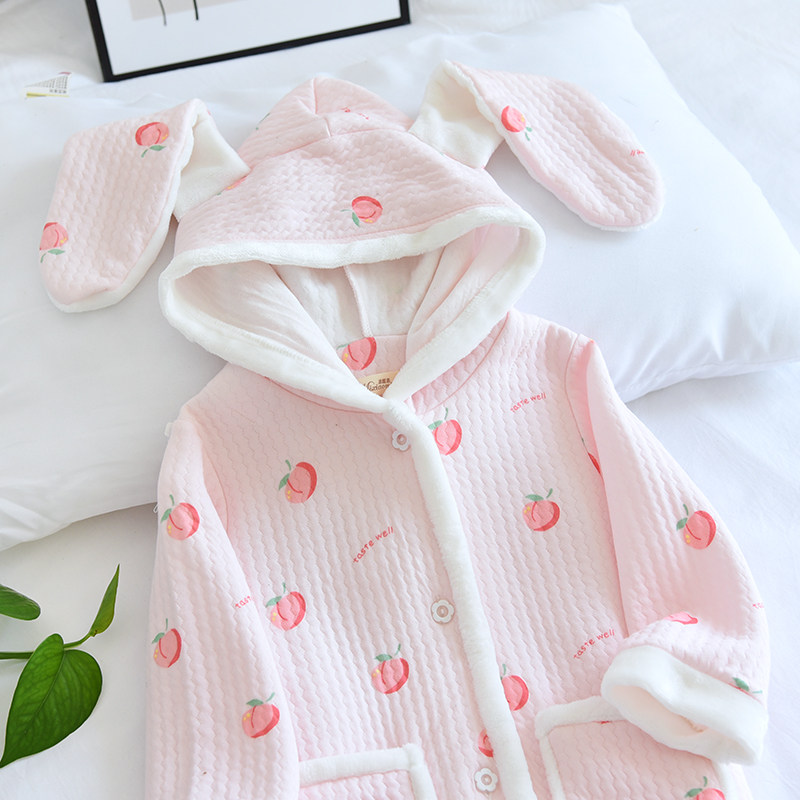 女童春秋纯棉空气层三层夹棉可爱丸子睡袍全棉宝宝家居袍儿童浴袍