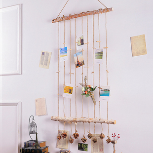 照片墙原木手工麻绳装饰幼儿园班级宿舍挂绳相片夹展示墙挂件壁饰