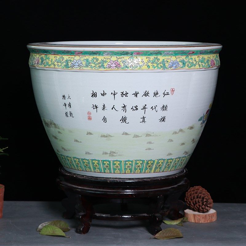 景德镇手绘粉彩人物陶瓷金鱼缸酒店开业礼品养乌龟荷花水浅装饰品
