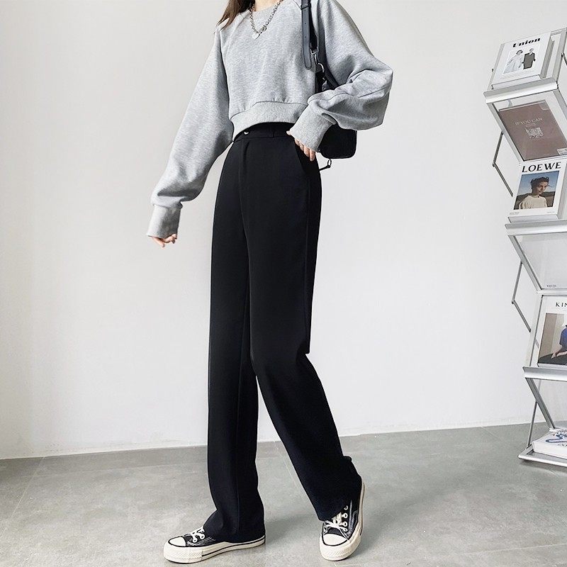 黑色西装裤女直筒裤子秋冬西裤休闲拖地高腰垂感毛呢小个子阔腿裤