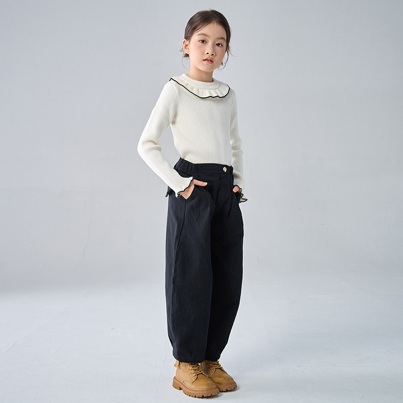 女童毛衣秋冬季2024新款针织衫女孩毛线衣圆领花边打底衫白色上衣